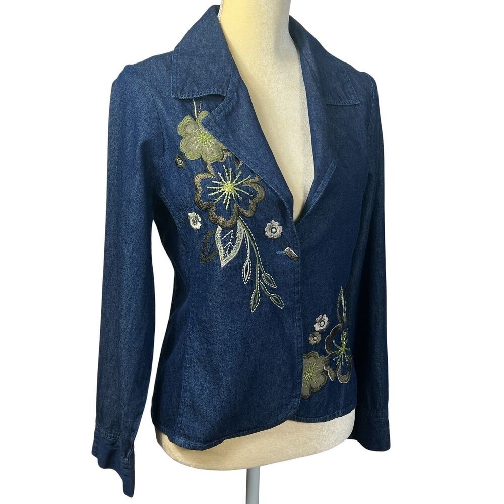 Tantrums Women's PS Blue Denim Floral Embroidered Beaded Blazer Jacket Cotton - Picture 5 of 14